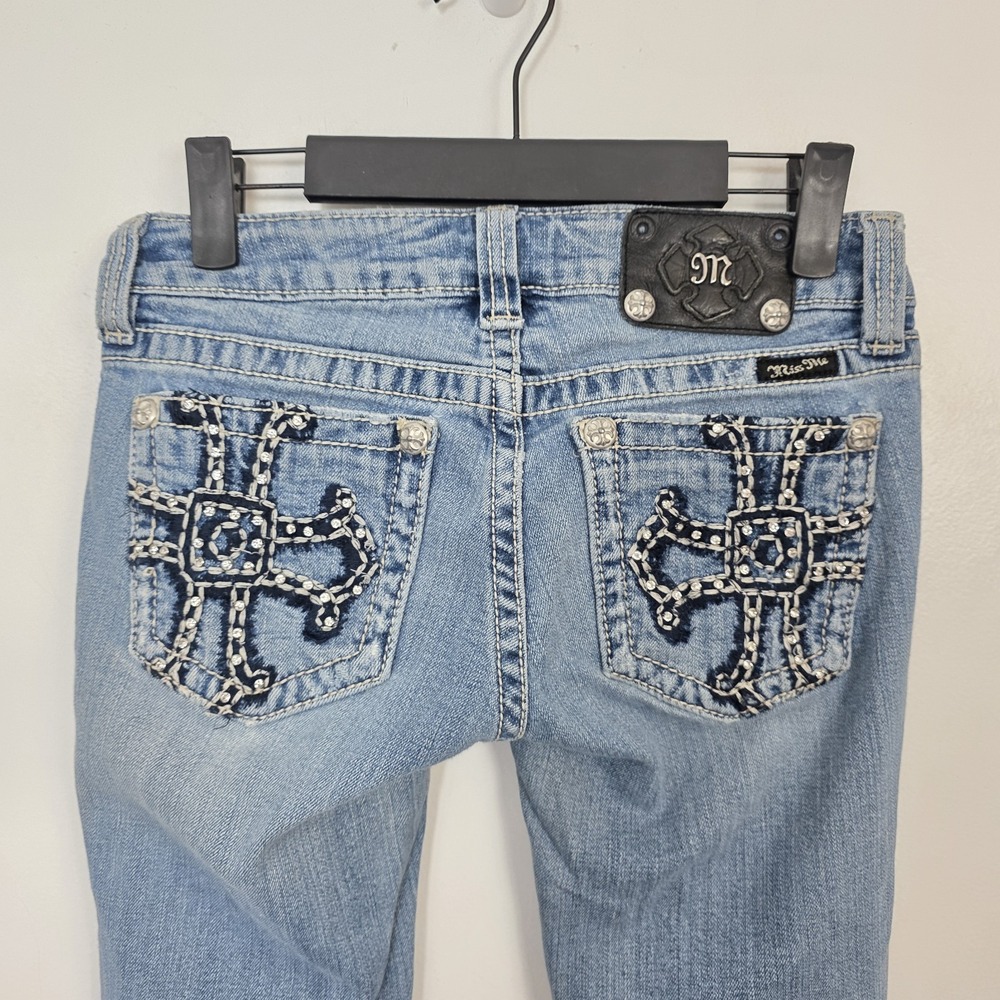 Miss Me Medium Wash Distressed Low Rise Y2K Rhinestone Bootcut Jeans Size 26